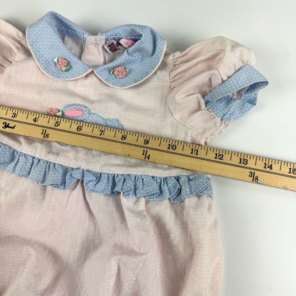 Vintage 90s Kids N’ Fun Sz 12M Easter Bunny Romper Blue Pink w/ Ruffles Collared - Picture 7 of 9